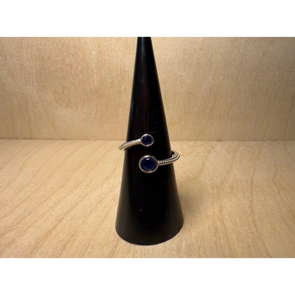 Sterling Silver Blue Stone Bypass Ring Beaded Band S925 Size‎ 6.25